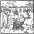 fairy giving gift to baby in push chair being pushed by another child - bw.jpg