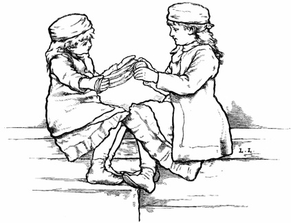 Two Girls unwinding wool