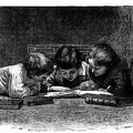 Three children reading a book