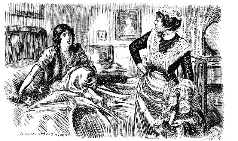 Pertubed woman in bed talking to the maid.jpg