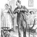 Haughty maid talking to a man visiting lady in bed