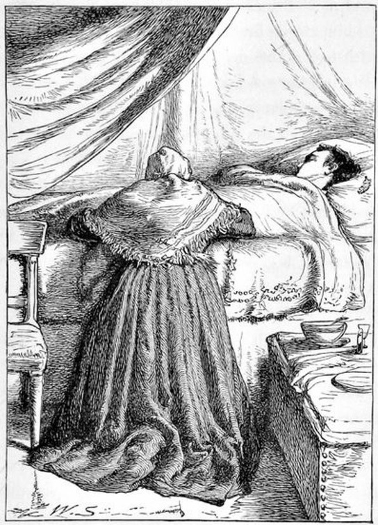 Lady kneeling beside bed with a man in it.jpg