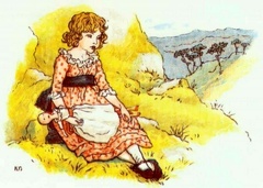 Girl with doll sitting on a hill