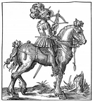 Mounted  Crossbowman, with Cranequin crossbow, and a quarrel in his hat