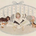 Girl and her toys reading a book