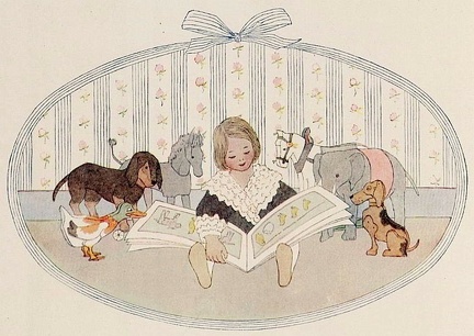 Girl and her toys reading a book