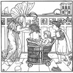 fairy giving gift to baby in push chair being pushed by another child
