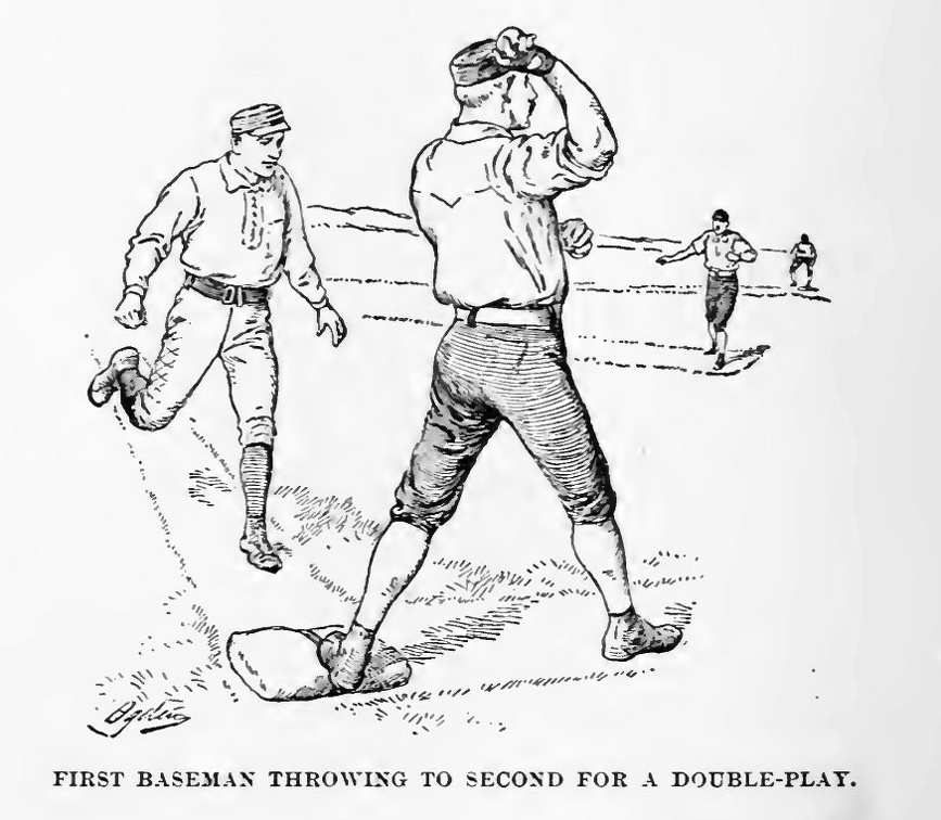First baseman throwing to second for a double-play