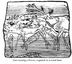 Deer crossing a stream, engraved on a round bone