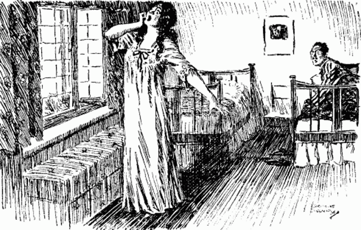 Lady stretching in fron of open window while man looks on from in bed.png